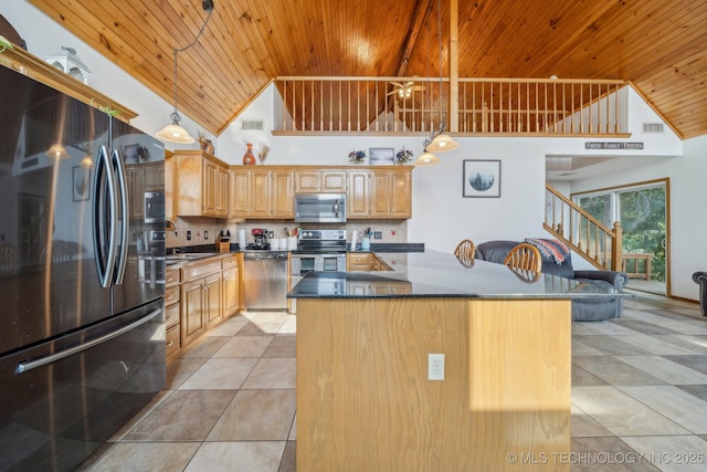 750 Spavinaw Hudson Pt, Spavinaw, OK 74366 - kitchen featuring stainless steel appliances, wood ceiling, backsplash, light tile patterned floors, and hanging light fixtures