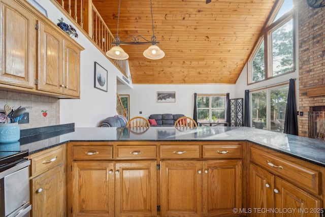 750 Spavinaw Hudson Pt, Spavinaw, OK 74366 - kitchen with wooden ceiling, a peninsula, decorative backsplash, dark countertops, and brown cabinetry