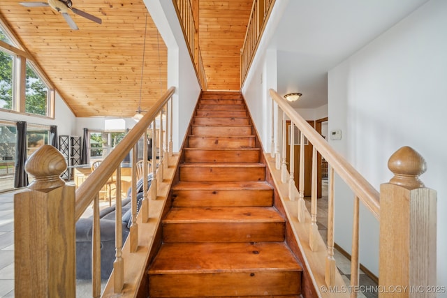 750 Spavinaw Hudson Pt, Spavinaw, OK 74366 - stairs with wood ceiling, ceiling fan, and high vaulted ceiling