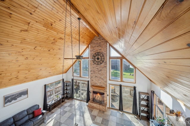 750 Spavinaw Hudson Pt, Spavinaw, OK 74366 - tiled living room with wood ceiling, high vaulted ceiling, and a brick fireplace