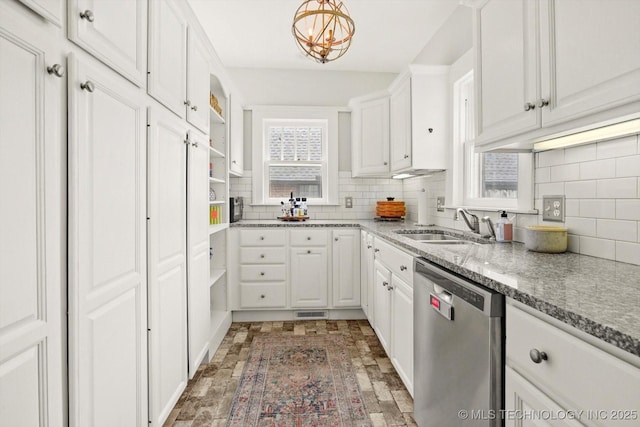 1241 E 29th St, Tulsa, OK 74114 - kitchen featuring stainless steel dishwasher, white cabinetry, open shelves, backsplash, and a sink