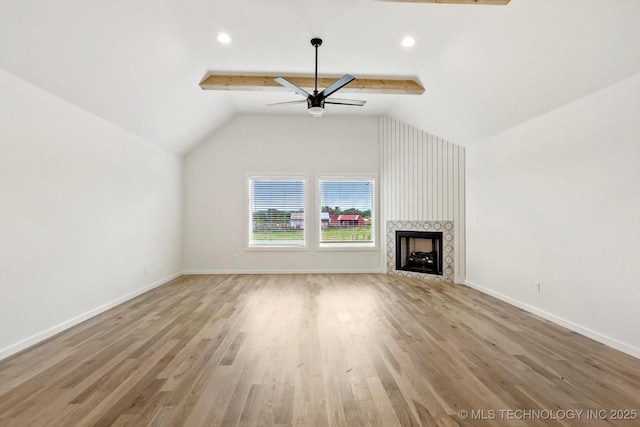 6512 N 27th St, Broken Arrow, OK 74014 - unfurnished living room featuring a ceiling fan, baseboards, light wood-style flooring, and a fireplace