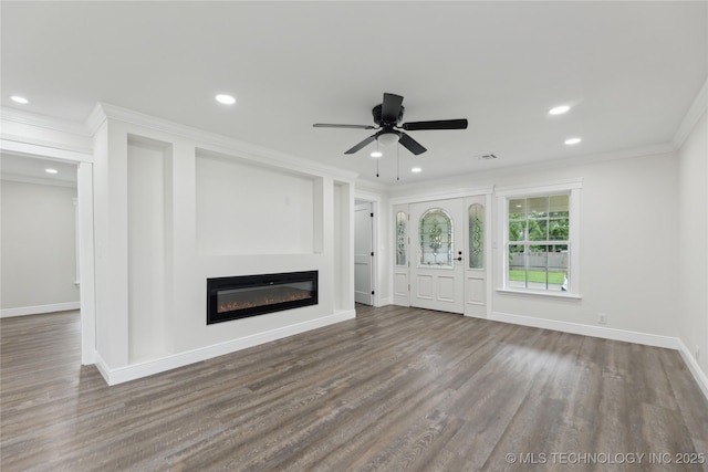 4526 W Broadway St, Muskogee, OK 74401 - unfurnished living room with crown molding, wood finished floors, a glass covered fireplace, baseboards, and ceiling fan