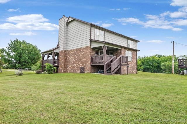 14355 N Trenton Ave, Skiatook, OK 74070 - back of house with brick siding, a chimney, a yard, and stairway
