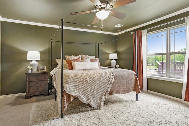 14355 N Trenton Ave, Skiatook, OK 74070 - bedroom featuring crown molding, carpet floors, and a ceiling fan