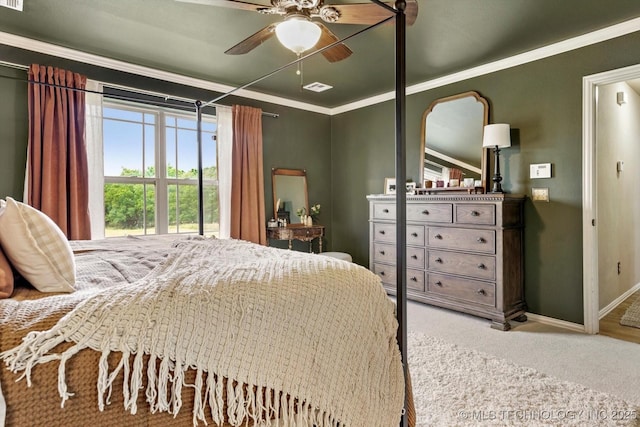14355 N Trenton Ave, Skiatook, OK 74070 - bedroom featuring carpet flooring, ornamental molding, and a ceiling fan