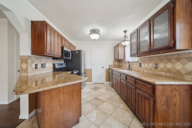 9227 S 95th E Ave, Tulsa, OK 74133 - kitchen featuring appliances with stainless steel finishes, a sink, a peninsula, backsplash, and glass insert cabinets