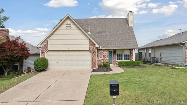 9227 S 95th E Ave, Tulsa, OK 74133 - traditional-style house with concrete driveway, central AC, brick siding, a chimney, and a garage