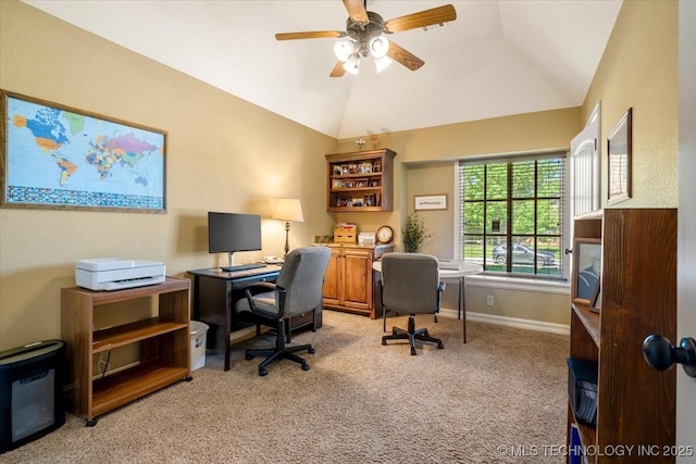 15065 N 148th Ave E, Collinsville, OK 74021 - office area featuring a ceiling fan, vaulted ceiling, light colored carpet, and baseboards