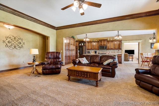 15065 N 148th Ave E, Collinsville, OK 74021 - living area with light carpet, a chandelier, ceiling fan, crown molding, and baseboards