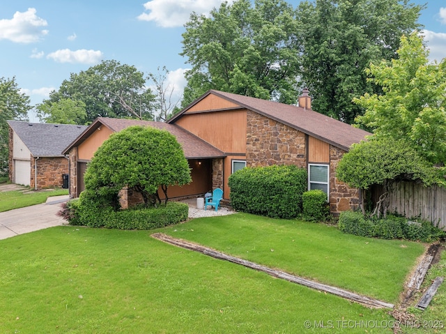 2630 W Boston Pl, Broken Arrow, OK 74012 - mid-century inspired home with stone siding, a chimney, a shingled roof, an attached garage, and driveway