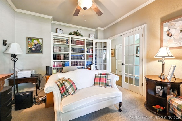 11715 S 93rd E Ave, Bixby, OK 74008 - living area featuring carpet floors, french doors, ceiling fan, crown molding, and an office area