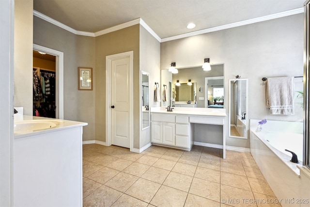 11715 S 93rd E Ave, Bixby, OK 74008 - full bath featuring vanity, a bath, crown molding, tile patterned flooring, and a spacious closet