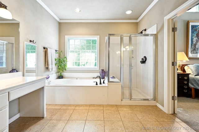 11715 S 93rd E Ave, Bixby, OK 74008 - ensuite bathroom with a bath, a shower stall, vanity, crown molding, and tile patterned flooring