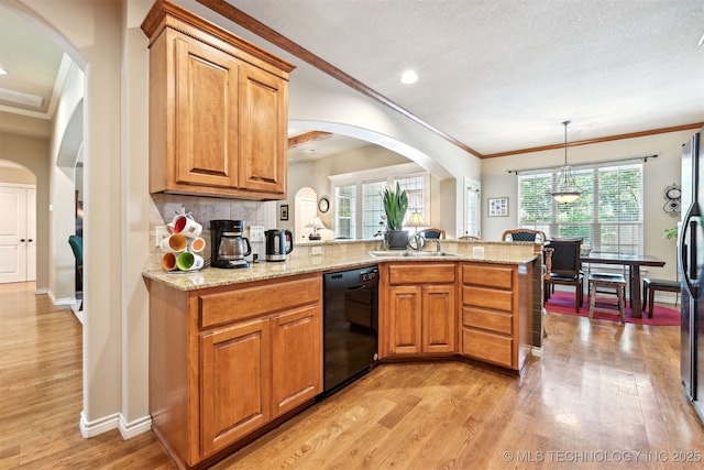 11715 S 93rd E Ave, Bixby, OK 74008 - kitchen with dishwasher, light wood-style floors, crown molding, arched walkways, and recessed lighting