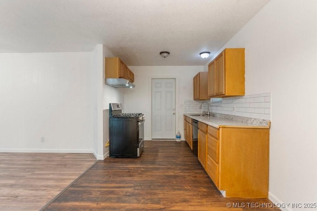 349 S 185th E Ave, Tulsa, OK 74108 - kitchen with stainless steel range with gas cooktop, a sink, extractor fan, dishwasher, and dark wood-type flooring