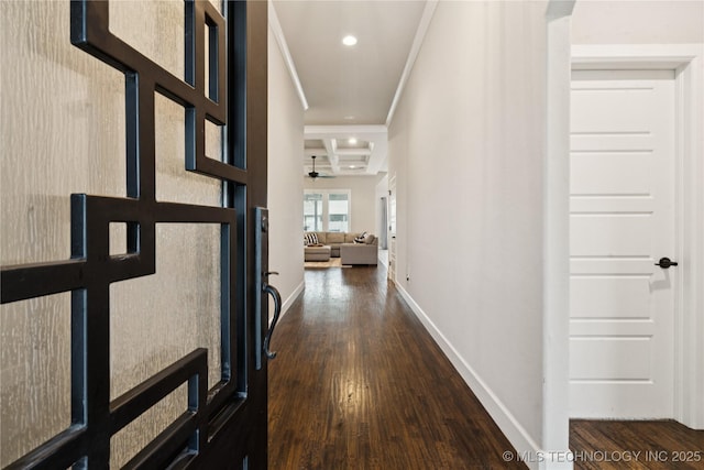 602 E 130th St S, Jenks, OK 74037 - hallway featuring dark wood finished floors, ornamental molding, and recessed lighting
