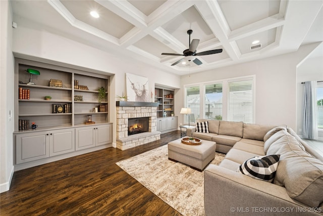 602 E 130th St S, Jenks, OK 74037 - living room with dark wood-style flooring, ceiling fan, a fireplace, coffered ceiling, and beamed ceiling