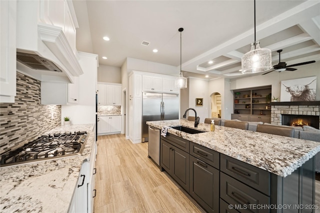 602 E 130th St S, Jenks, OK 74037 - kitchen featuring appliances with stainless steel finishes, a ceiling fan, white cabinets, premium range hood, and arched walkways