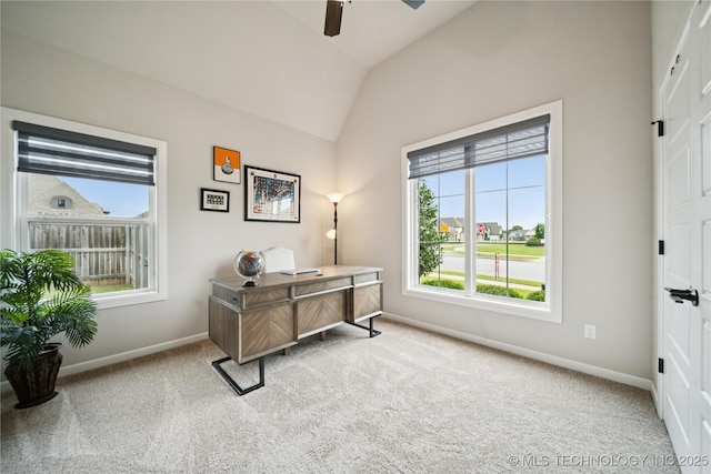 602 E 130th St S, Jenks, OK 74037 - home office with a ceiling fan, carpet flooring, and vaulted ceiling