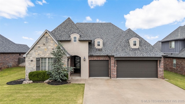 12934 S 2nd St, Jenks, OK 74037 - french provincial home featuring a front yard, driveway, roof with shingles, a garage, and stone siding