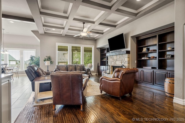 12934 S 2nd St, Jenks, OK 74037 - living room featuring a fireplace, dark wood-style floors, a ceiling fan, beam ceiling, and coffered ceiling