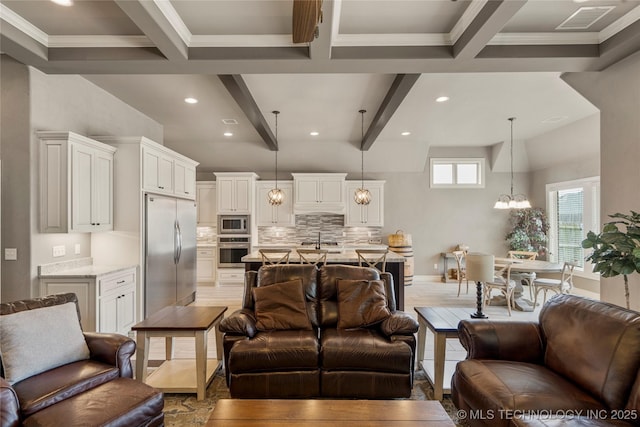 12934 S 2nd St, Jenks, OK 74037 - living room featuring beamed ceiling, recessed lighting, a chandelier, crown molding, and baseboards