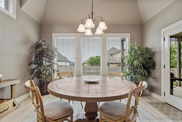12934 S 2nd St, Jenks, OK 74037 - dining area with vaulted ceiling, a chandelier, and baseboards