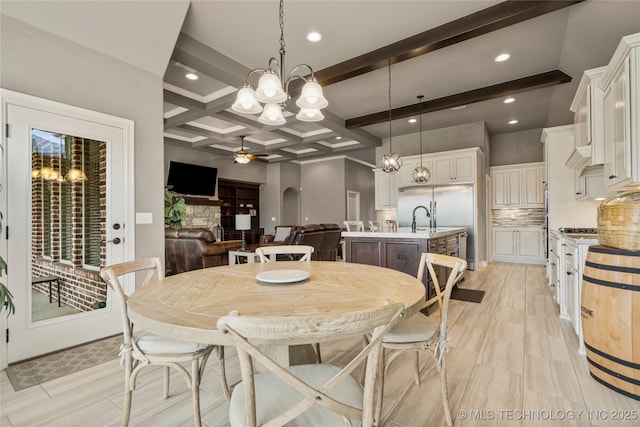 12934 S 2nd St, Jenks, OK 74037 - dining space with ceiling fan, beam ceiling, a chandelier, coffered ceiling, and recessed lighting