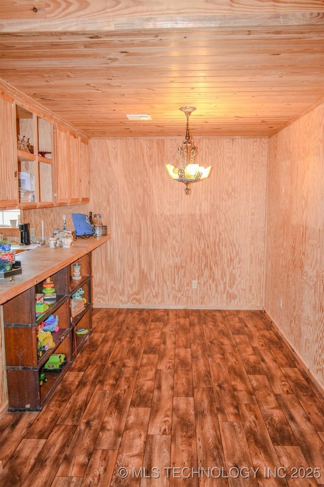 919 N 4210th Rd, Hugo, OK 74743 - dining room featuring wood ceiling, dark wood-style floors, and a chandelier
