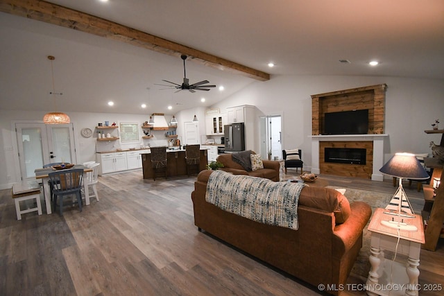 20471 W Chicken Creek Rd, Cookson, OK 74427 - living area featuring recessed lighting, a fireplace, wood finished floors, and ceiling fan