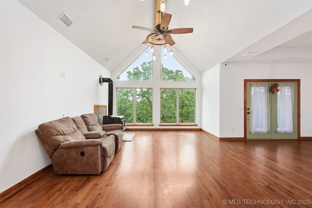 5687 Lake Jackson Rd, Mounds, OK 74047 - living area featuring ceiling fan, wood finished floors, high vaulted ceiling, and baseboards