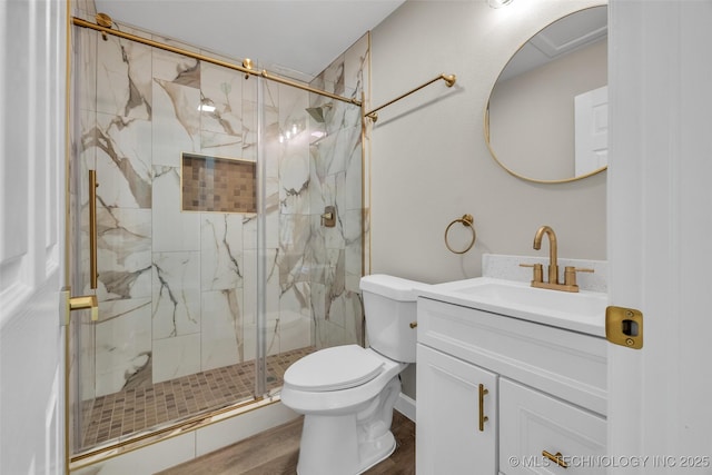 6948 E Marshall Pl, Tulsa, OK 74115 - full bath featuring vanity, toilet, a marble finish shower, and wood finished floors
