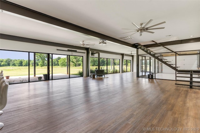 14382 Adams Rd, Mounds, OK 74047 - unfurnished living room with a ceiling fan, wood finished floors, stairway, and recessed lighting