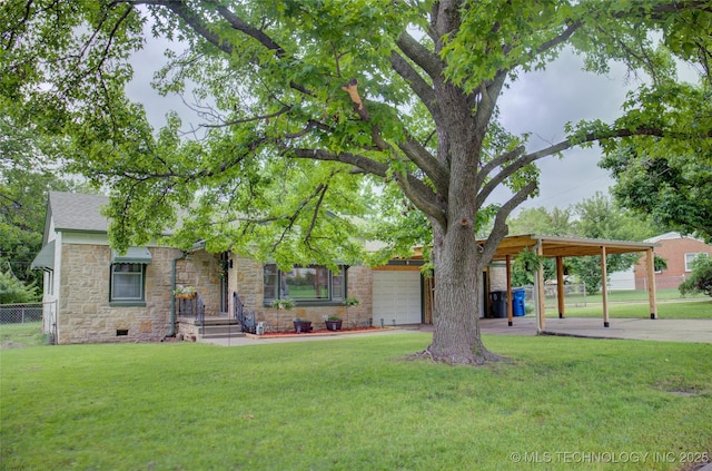 806 S New Haven Ave, Tulsa, OK 74112 - obstructed view of property with stone siding, a garage, concrete driveway, and a carport