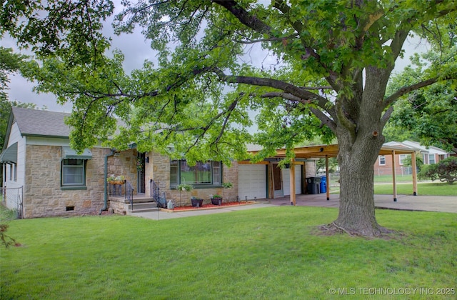 806 S New Haven Ave, Tulsa, OK 74112 - view of front of property featuring stone siding, a garage, a front yard, and a shingled roof