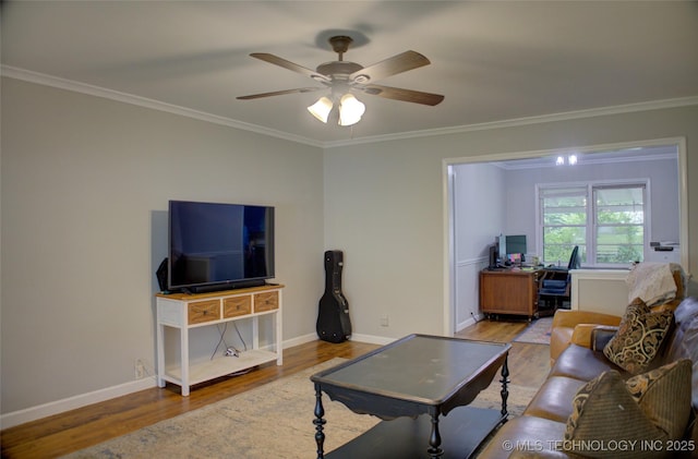 806 S New Haven Ave, Tulsa, OK 74112 - living area with wood finished floors, an office area, crown molding, ceiling fan, and baseboards