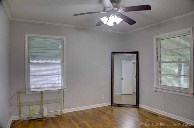 806 S New Haven Ave, Tulsa, OK 74112 - unfurnished room featuring ornamental molding, ceiling fan, wood finished floors, and baseboards