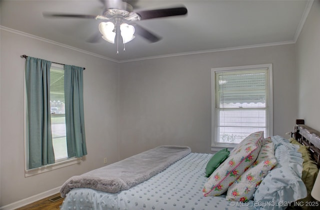 806 S New Haven Ave, Tulsa, OK 74112 - bedroom featuring ornamental molding, wood finished floors, a ceiling fan, and baseboards