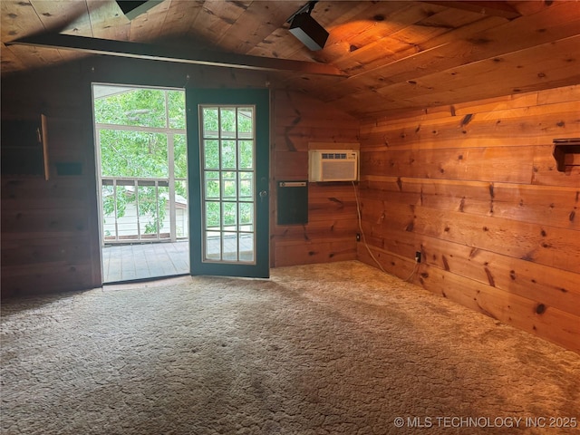 1524 W Maple St W, Durant, OK 74701 - carpeted spare room featuring wood walls, vaulted ceiling, wooden ceiling, and a wall mounted air conditioner