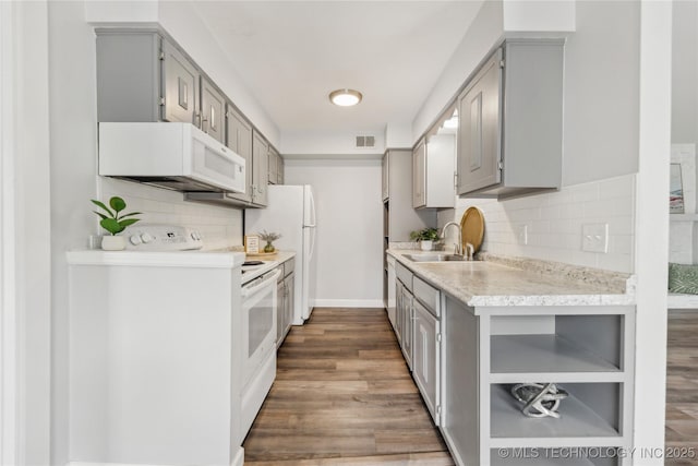 4440 68th St Unit 486, Tulsa, OK 74136 - kitchen with gray cabinetry, white appliances, light countertops, tasteful backsplash, and a sink