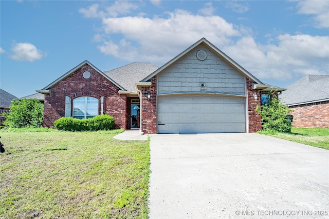 10473 E 143rd Ct N, Collinsville, OK 74021 - view of front facade featuring a garage, concrete driveway, a front lawn, and brick siding
