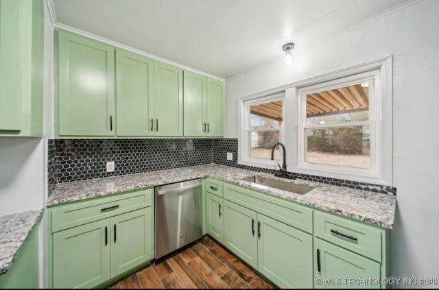 5720 E 21st St, Tulsa, OK 74114 - kitchen featuring dishwasher, green cabinets, a sink, and backsplash
