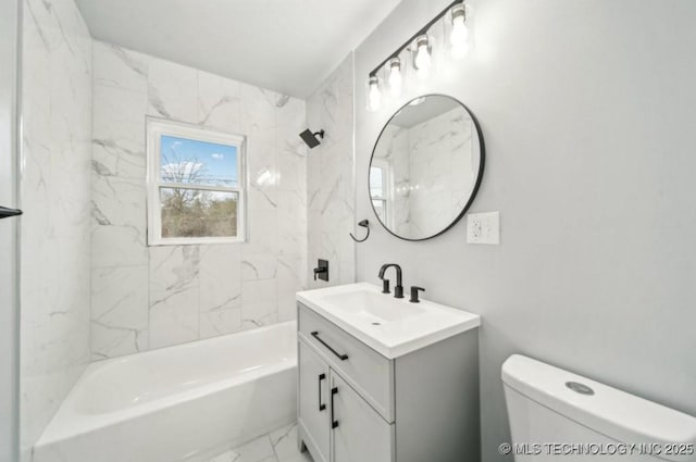 5720 E 21st St, Tulsa, OK 74114 - full bath with marble finish floors, vanity, toilet, and bathtub / shower combination