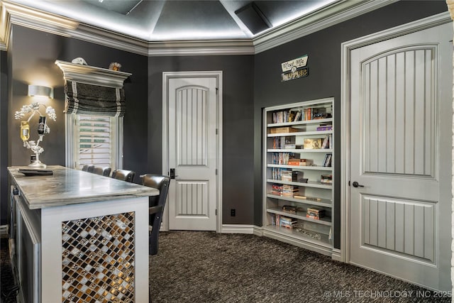 5879 N Eagle Summit Rd, Owasso, OK 74055 - office area with dark carpet, built in features, and ornamental molding
