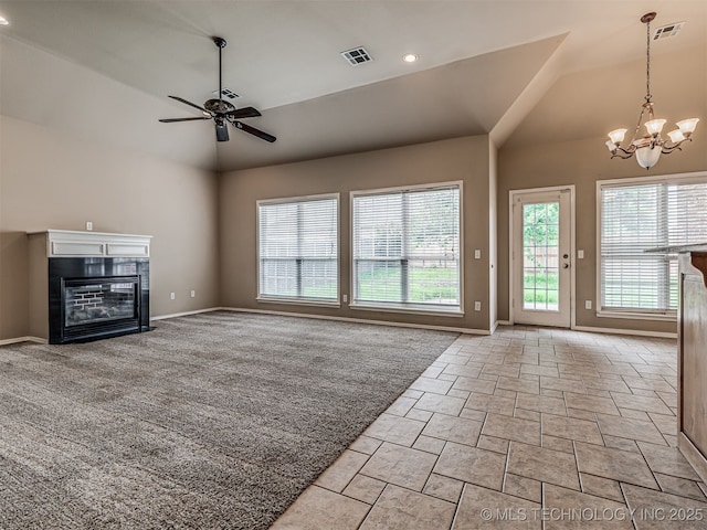 4610 E 142nd St S, Bixby, OK 74008 - unfurnished living room with vaulted ceiling, a tiled fireplace, a chandelier, ceiling fan, and recessed lighting