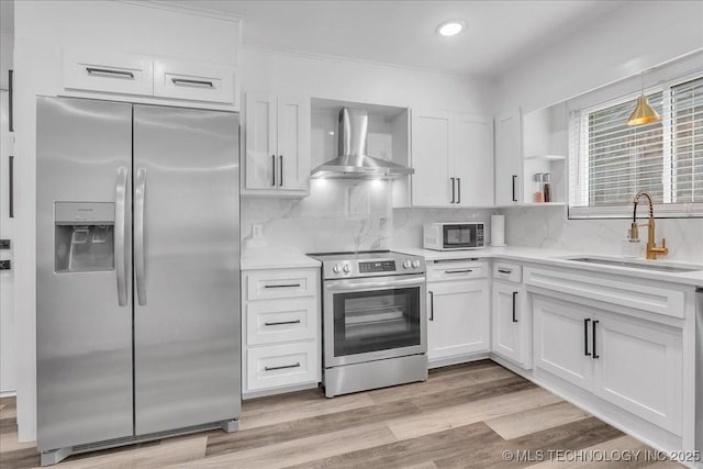 1008 E 54th St S, Tulsa, OK 74105 - kitchen featuring appliances with stainless steel finishes, wall chimney exhaust hood, a sink, white cabinetry, and light countertops