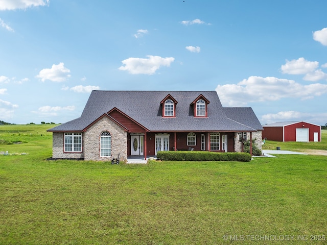 5757 W 181st St S, Mounds, OK 74047 - cape cod home with a garage, a front yard, covered porch, an outdoor structure, and driveway