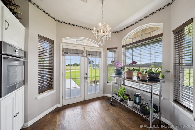 5757 W 181st St S, Mounds, OK 74047 - entryway with french doors, a chandelier, dark wood-type flooring, and healthy amount of natural light