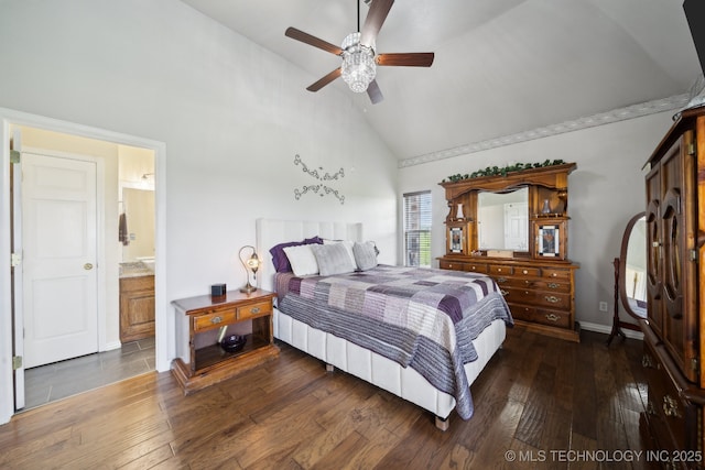 5757 W 181st St S, Mounds, OK 74047 - bedroom with high vaulted ceiling, hardwood / wood-style flooring, a ceiling fan, and connected bathroom